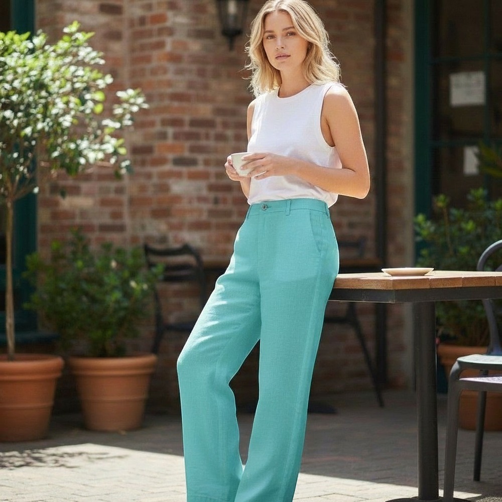 Forme‎ Premium Linen Pants Women Size M Turquoise Blue Straight Leg Cargo Pocket
